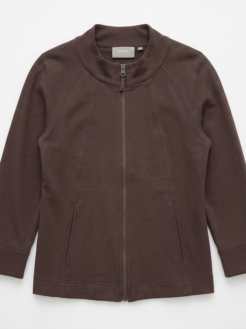 Amélline Womens Medium Jacket Tunic Mock Neck Full Zip Pockets Minimalist Brown